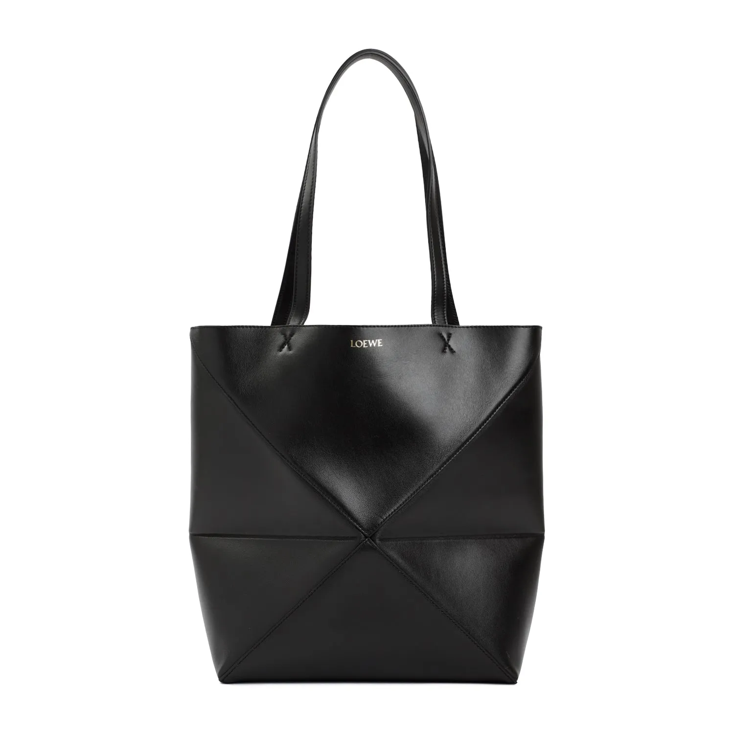 Black Leather Puzzle Fold Medium Tote