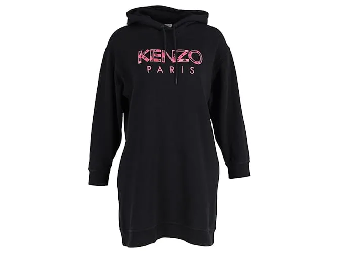 Abito felpa con cappuccio ricamato con logo Peonia Kenzo Paris in cotone nero