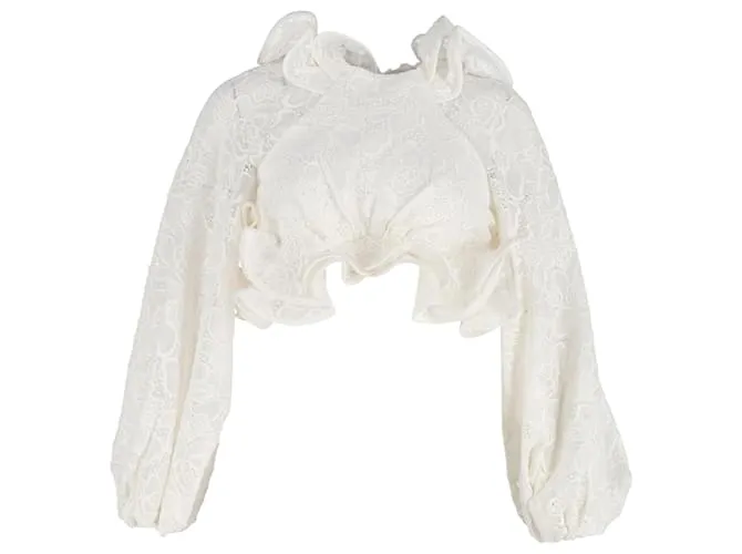 Top Zimmermann The Lovestruck con volant in pizzo di cotone bianco sporco Crudo