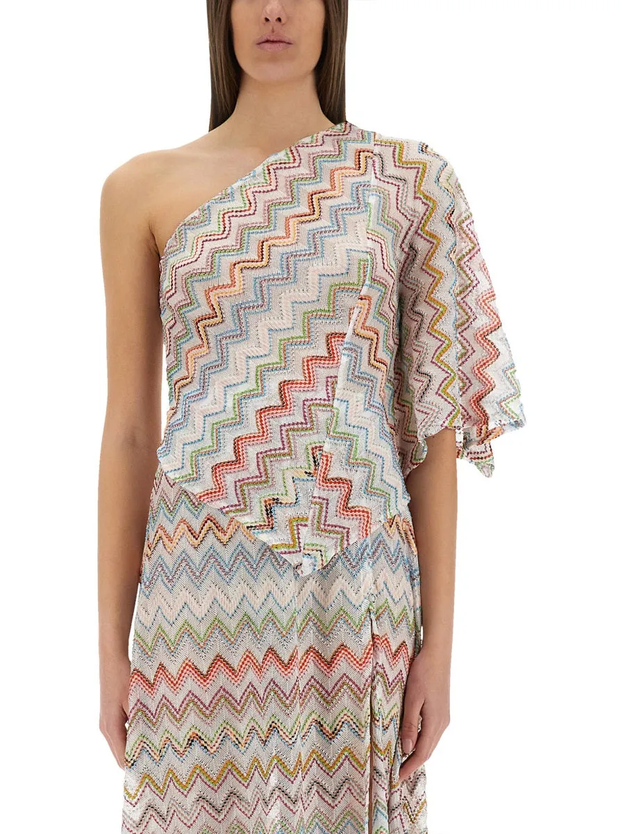 One-Shoulder Top With 3D Lamé Zig Zags