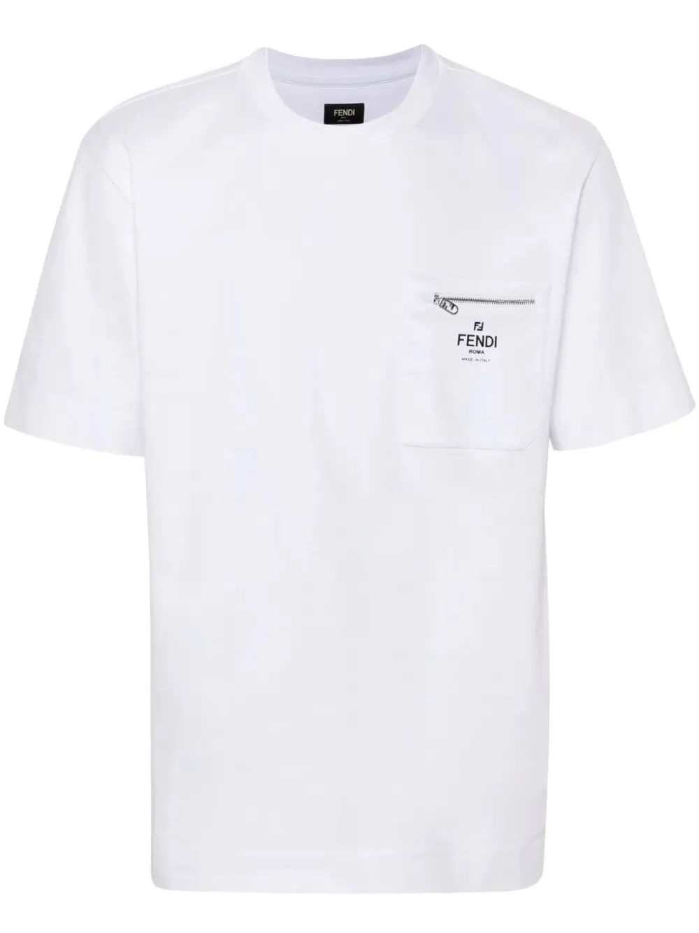 Cotton T-Shirt With A Zipped Breast Pocket And Contrasting Printed Fendi Roma Logo