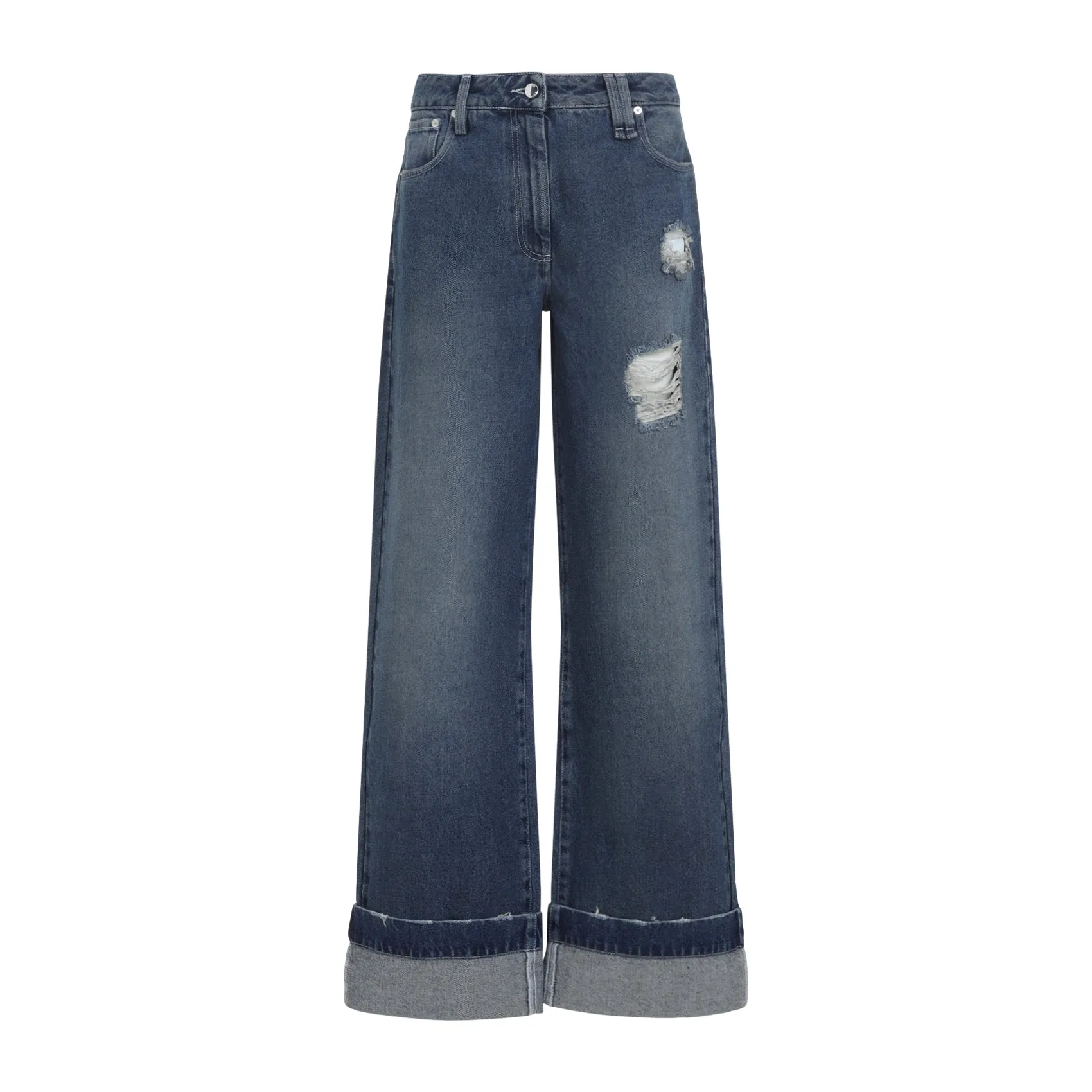Blue Distressed Straight Leg Cotton Jeans