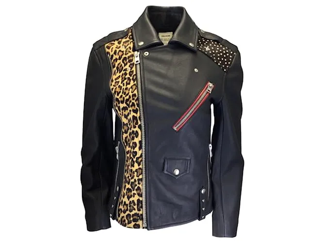 Giacca in pelle biker nera multi Liya patch leopardato Zadig & Voltaire Nero