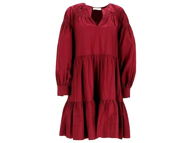 Abito mini in popeline a strati Rosa di Ulla Johnson in cotone rosso Bordò