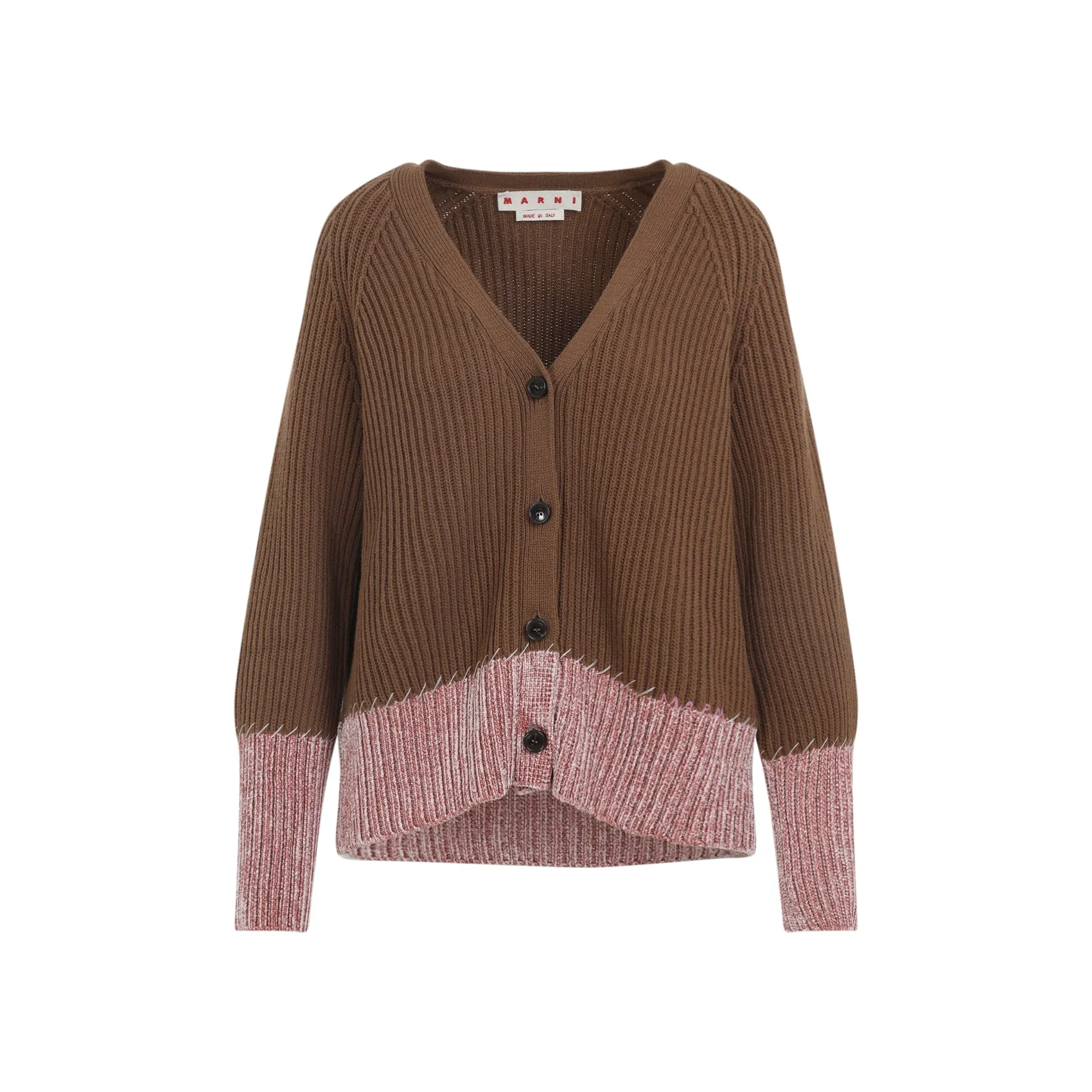 Brown V Neck Bicolor Virgin Wool Cardigan