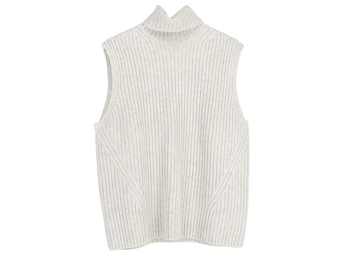 Gilet a collo alto in lana ecru a coste di Dries Van Noten Bianco Crudo