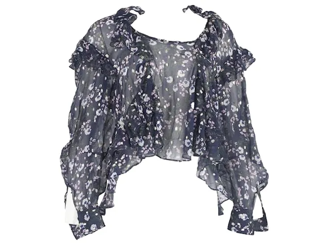 Blusa in seta blu con stampa floreale e volant di Isabel Marant