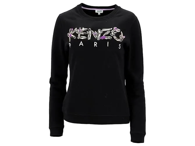 Maglione girocollo in cotone nero con logo ricamato Kenzo