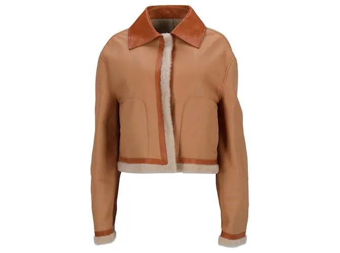 Giacca in pelle marrone con rifinitura in pelliccia Jil Sander