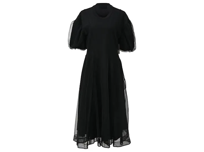 Abito midi con maniche a sbuffo in cotone nero con sovrapposizione in tulle di Simone Rochan