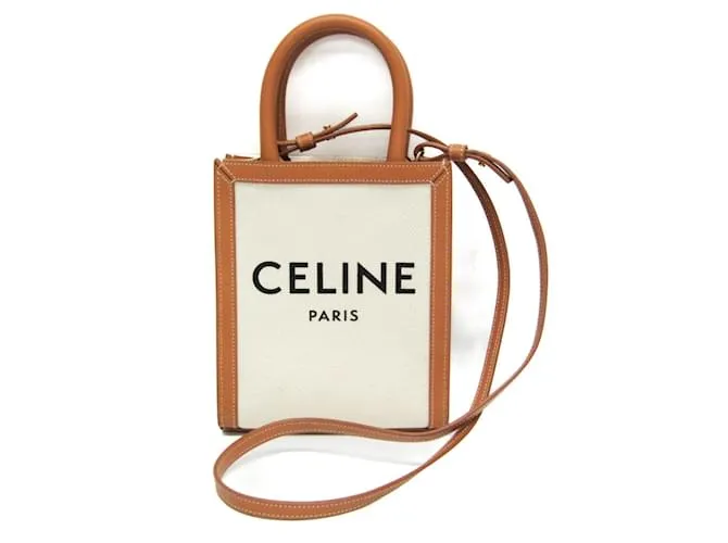 Céline Borsa a mano Celine Vertical Cabas Mini Logo Bianco sporco Marrone chiaro