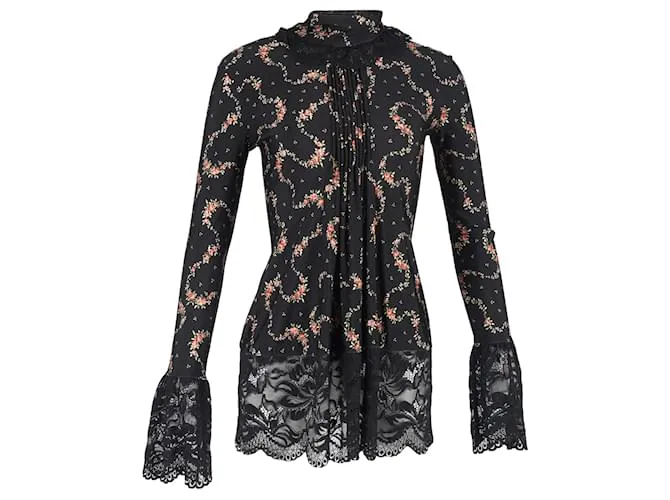 Top a collo alto in cotone nero con pizzo di Paco Rabanne