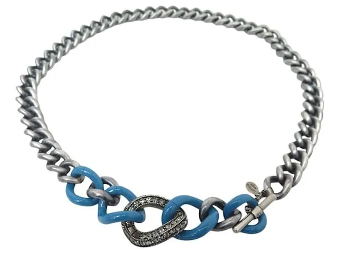 COLLANA VINTAGE LANVIN CATENA E STRASS 85CM IN METALLO + SCATOLA Blu