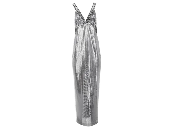 Paco Rabanne Abito maxi con spalline in rete metallica Argento Metallico