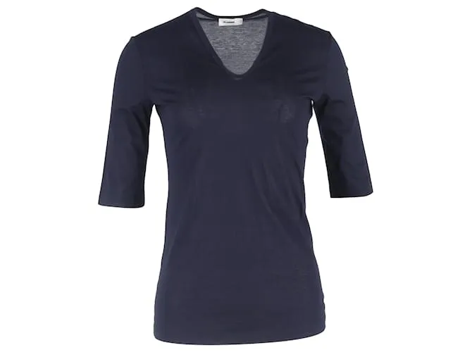 T-shirt in cotone blu navy con scollo a V e maniche 3/4 Jil Sander