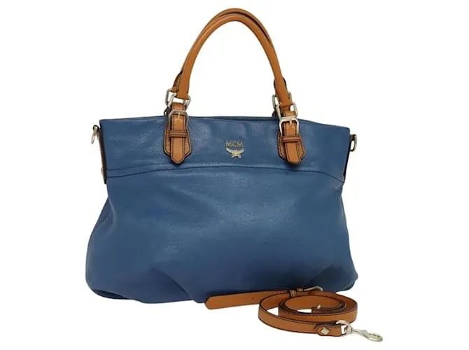 Borsa a mano in pelle MCM Vicetos Logogram 2 vie blu marrone Auth MY353