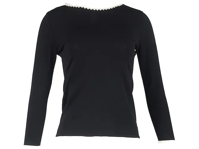 Top a maniche lunghe in cotone nero con dettagli in perle di Carolina Herrera