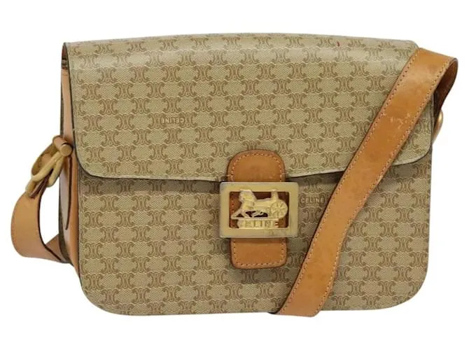 Céline Borsa a spalla in tela Macadam Celine con motivo carrozza a cavallo beige e oro Auth EC1008 D'oro