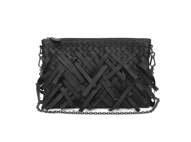 Borsa a spalla con catena e frange Intrecciato di Bottega Veneta Nero