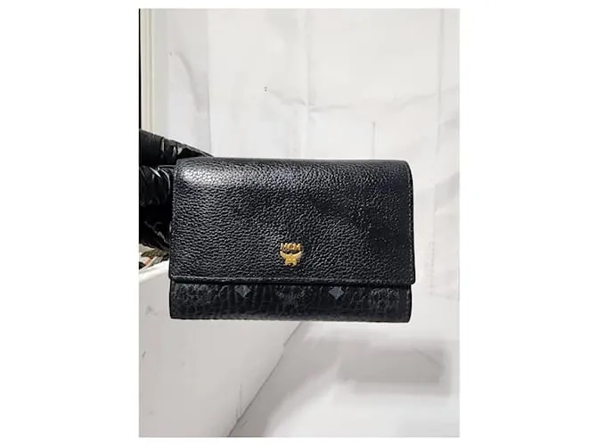 Portafoglio trifold con patta in tela rivestita e pelle MCM Visetos Nero/Grigio