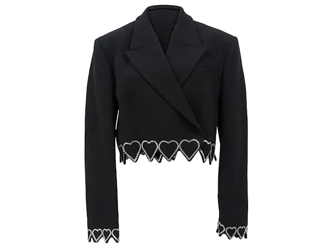 Blazer cropped in lana nera con cristalli a forma di cuore di Mach & Mach Nero