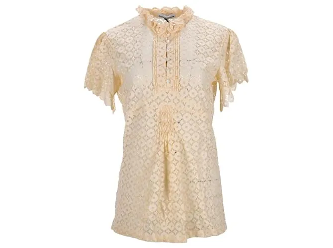 Paco Rabanne Top in pizzo avorio con maniche corte Marrone Beige