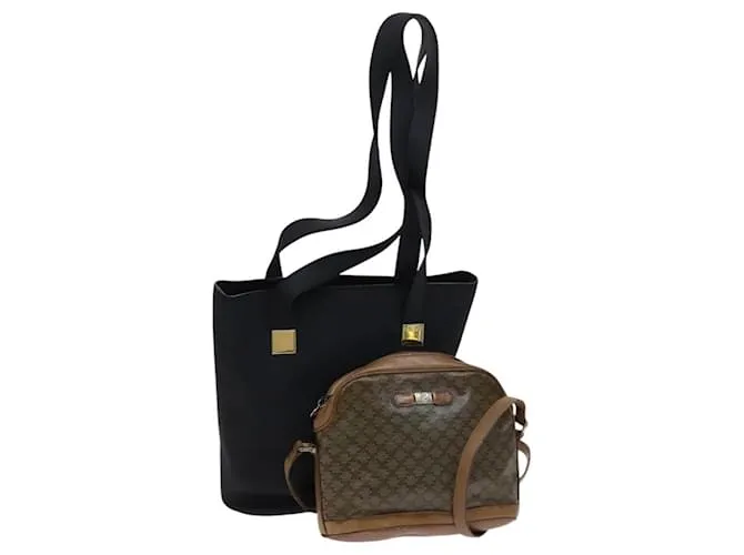 Céline Borsa a spalla in tela Macadam CELINE in pelle 2Set beige nera Auth bs23709 Nero