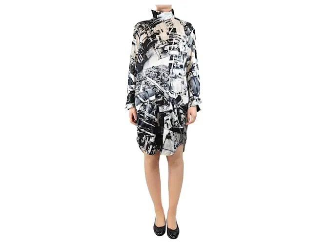 Céline Abito in seta stampato nero e crema - taglia UK 8