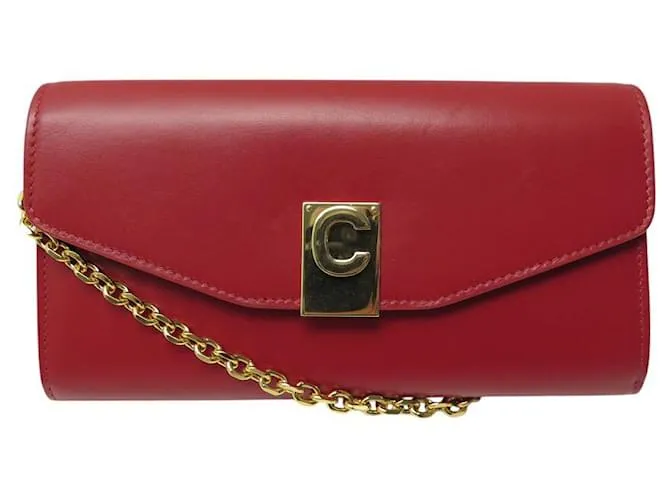 Céline BORSA A MANO CELINE POCHETTE C CON CATENA IN PELLE ROSSA PORTAFOGLI SU CATENA WOC Rosso