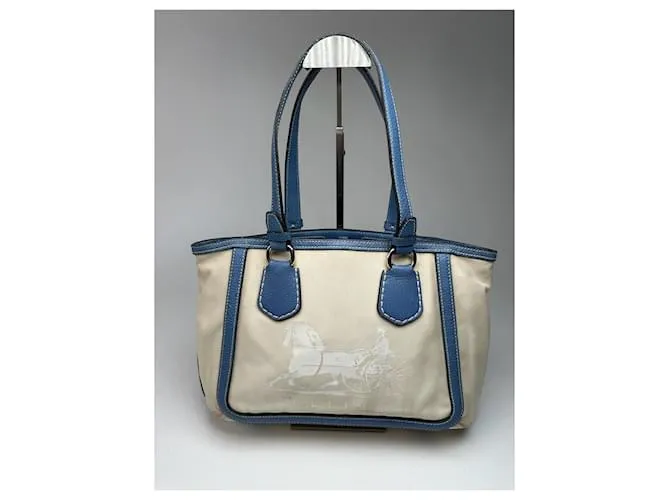 Borsa vintage in tela e pelle Céline Paris blu beige