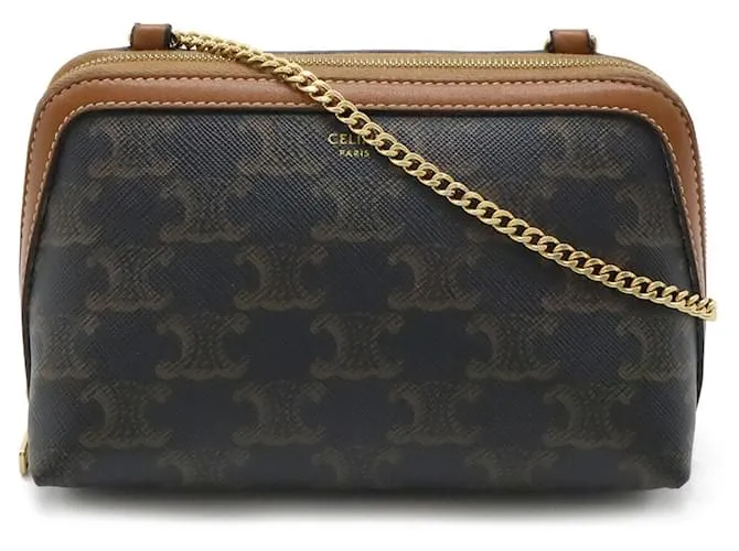 Céline Pochette Celine Triomphe Chain Shoulder Bag Marrone Marrone scuro