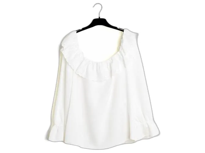 Celine 2020 Top FR40 Bianco Lino blusa con volant UK12 US10 Céline