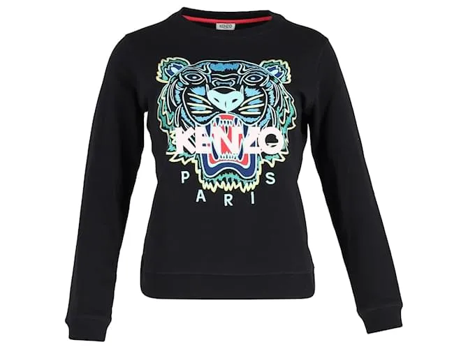 Maglione in cotone nero con stampa tigre Kenzo