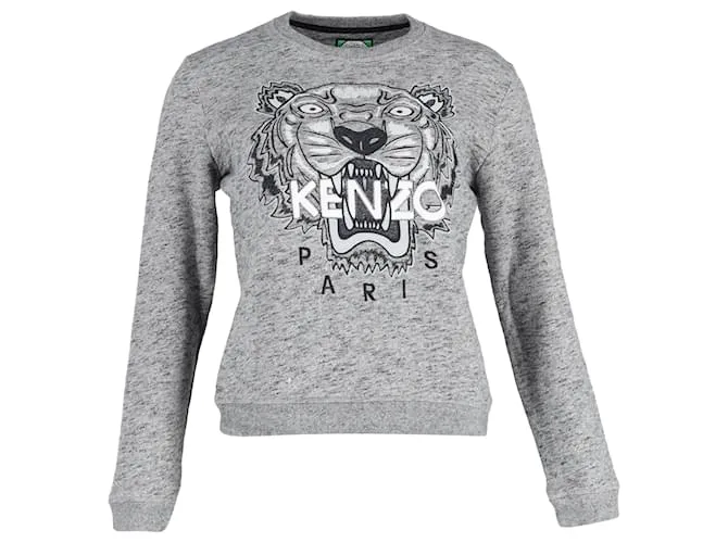 Maglione in cotone grigio con stampa tigre Kenzo