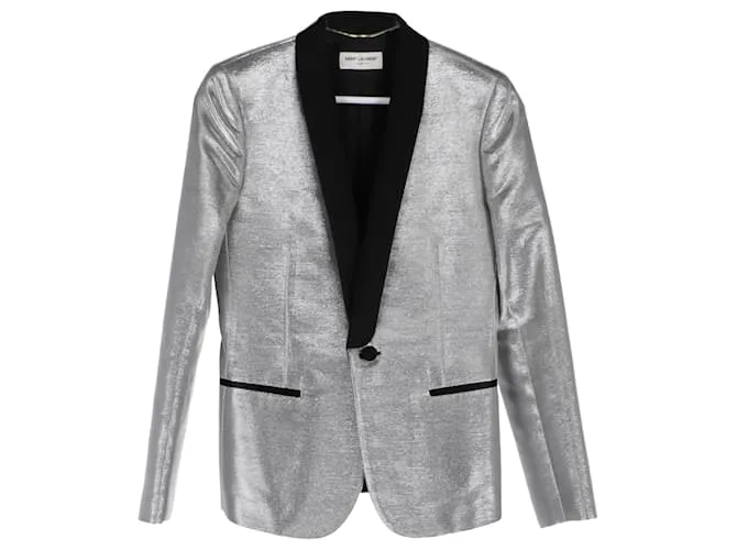 Blazer monopetto in seta argento Saint Laurent Metallico