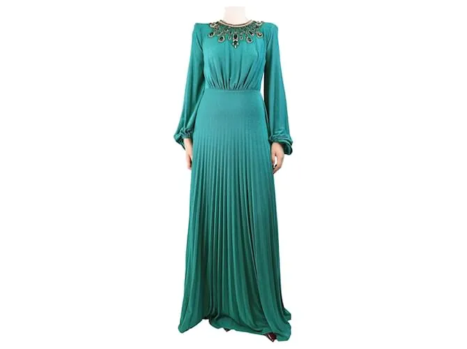 Elisabetta Franchi Abito maxi in lurex verde con gioielli - taglia UK 10