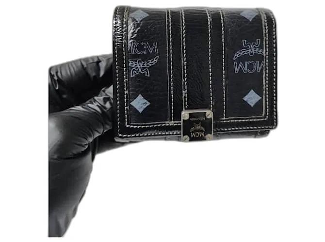 Portafoglio in pelle pieghevole MCM Monogram Nero/Grigio