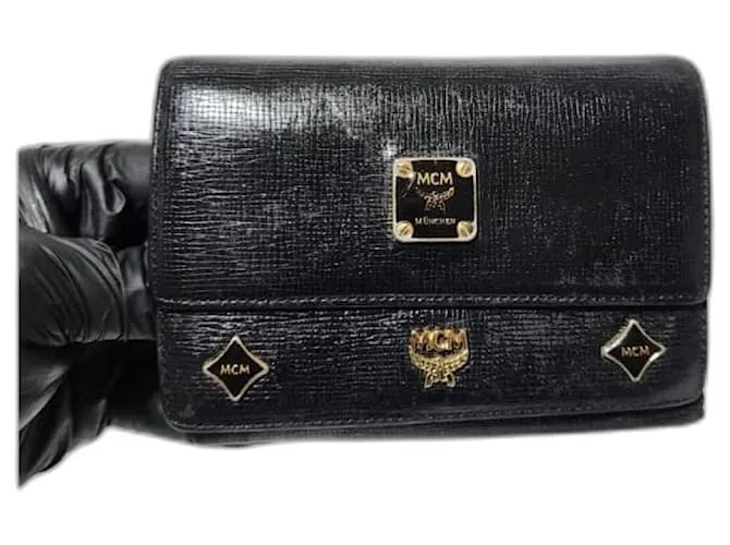 MCM Vintage Portafoglio/Portacarte in Pelle di Vitello Decorato Nero