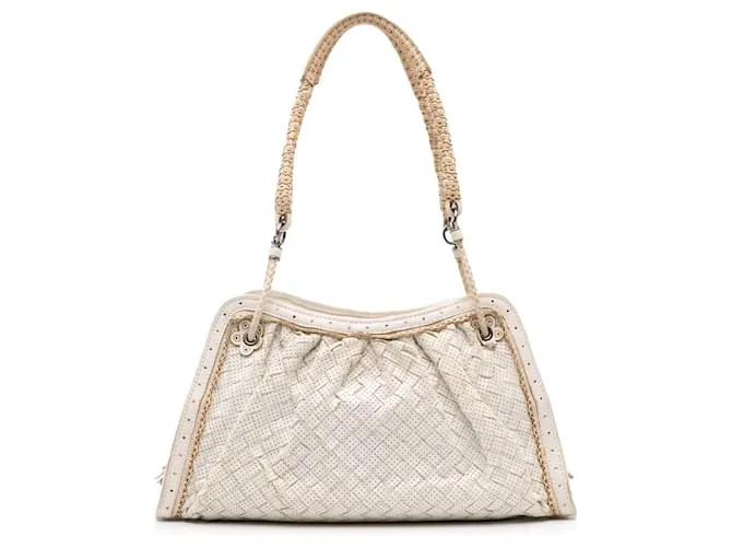 Borsa a spalla in pelle intrecciata perforata bianca Bottega Veneta Bianco
