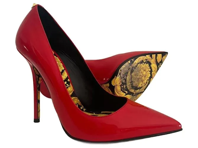 VERSACE Hibiscus Barocco sole dorata rosso pelle verniciata tacco Medusa EU 37.5