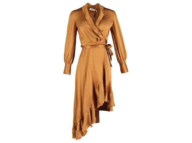 Abito avvolgente asimmetrico con volant in seta bronzo di Zimmermann Metallico