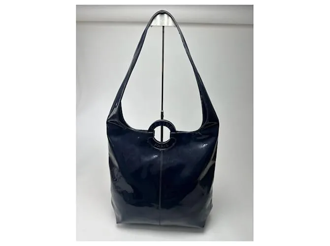 Céline Borsa a anello vintage Celine Paris in pelle verniciata blu navy