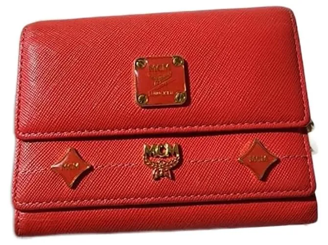 MCM Vintage Portafoglio Trifold con Borchie Rosso