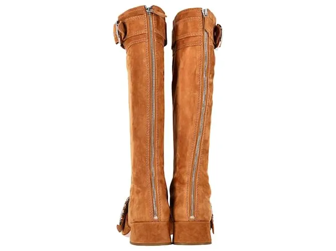 Stivali al ginocchio con zip decorati Miu Miu in suede marrone Rosso