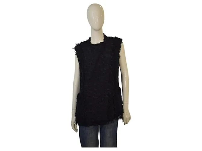 Gilet senza maniche in maglia di cotone misto nero con frange Lanvin taglia 42