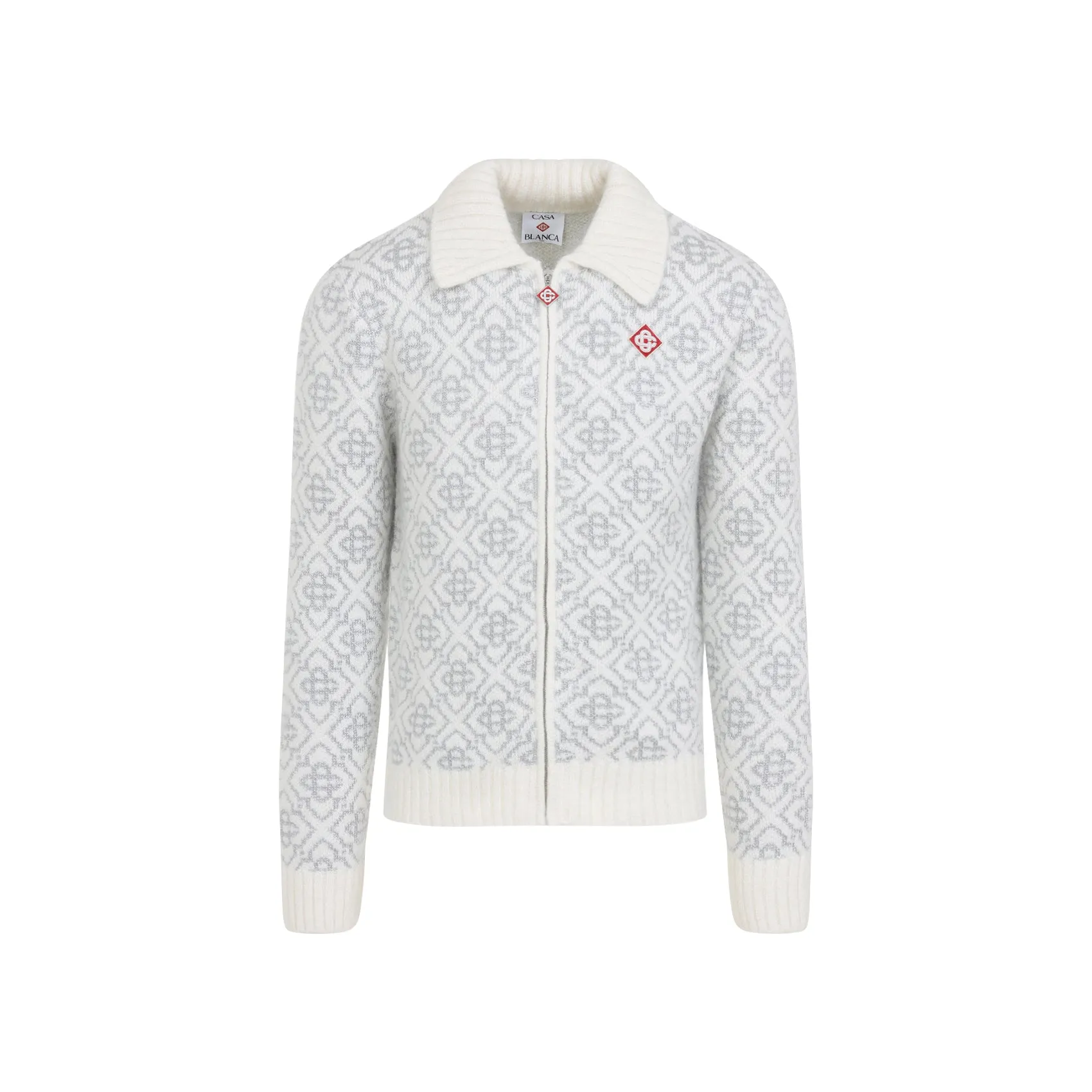 White Silver Monogram Zip Up Sweatshirt