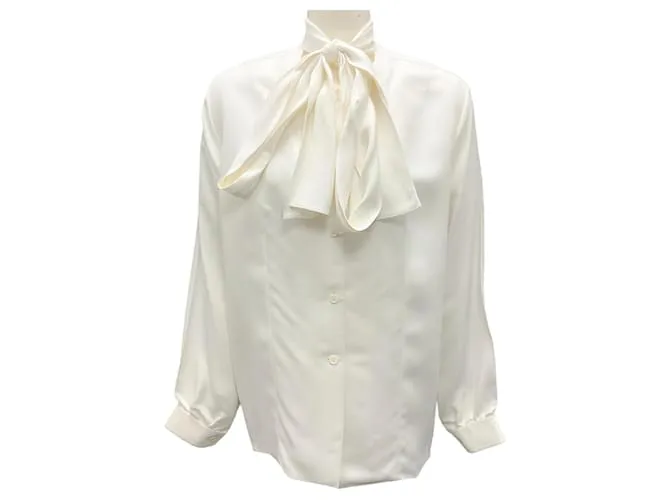 Céline Blusa in satin a maniche lunghe con nodo al collo Celine Ivory Crudo