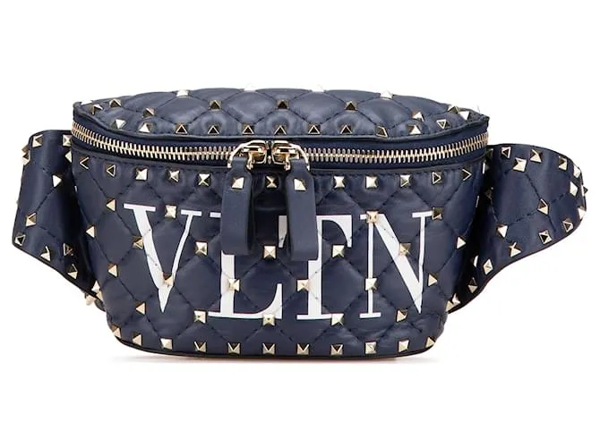 Belt bag Valentino in agnello trapuntato blu VLTN Rockstud Spike Blu navy