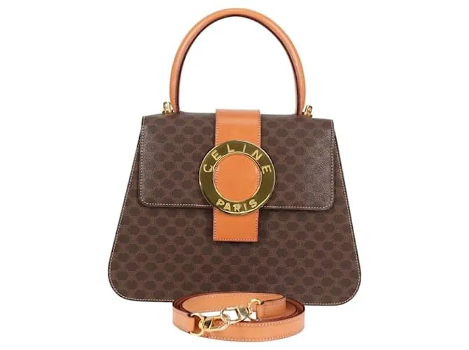 Céline Borsa a mano in tela Macadam CELINE Circle in pelle PVC 2 vie marrone oro Auth 122270AV D'oro
