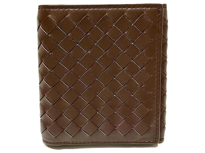 Portafoglio tri-fold in pelle intrecciata marrone scuro Bottega Veneta